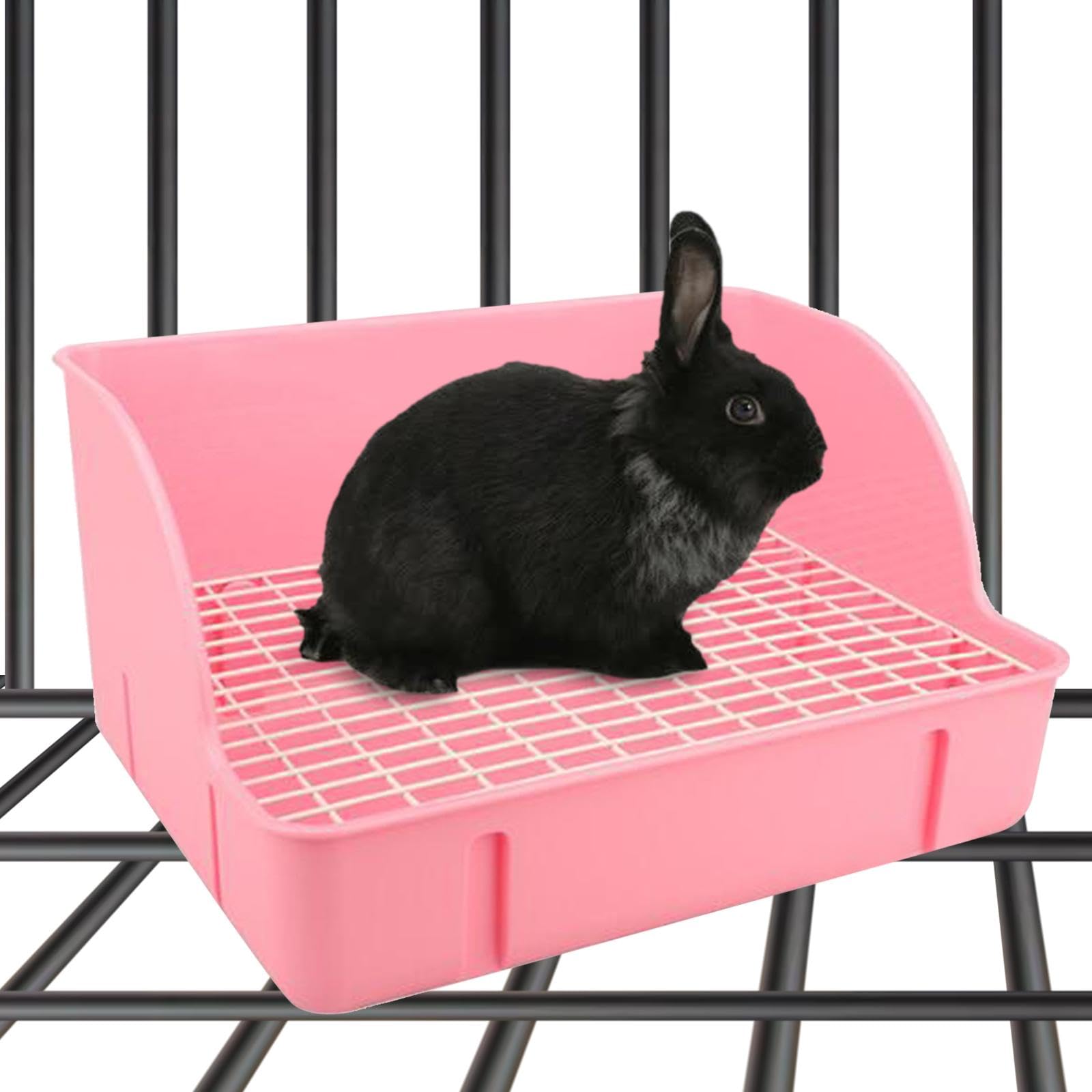 Kaninchen Toilettenbox Litter Tray Ecktoilettenpan mit Stabilem PP Gehäuse Und Komfortablem Gittereinsatz für Kleine Nager Wohnung Innenbereich, ROSA