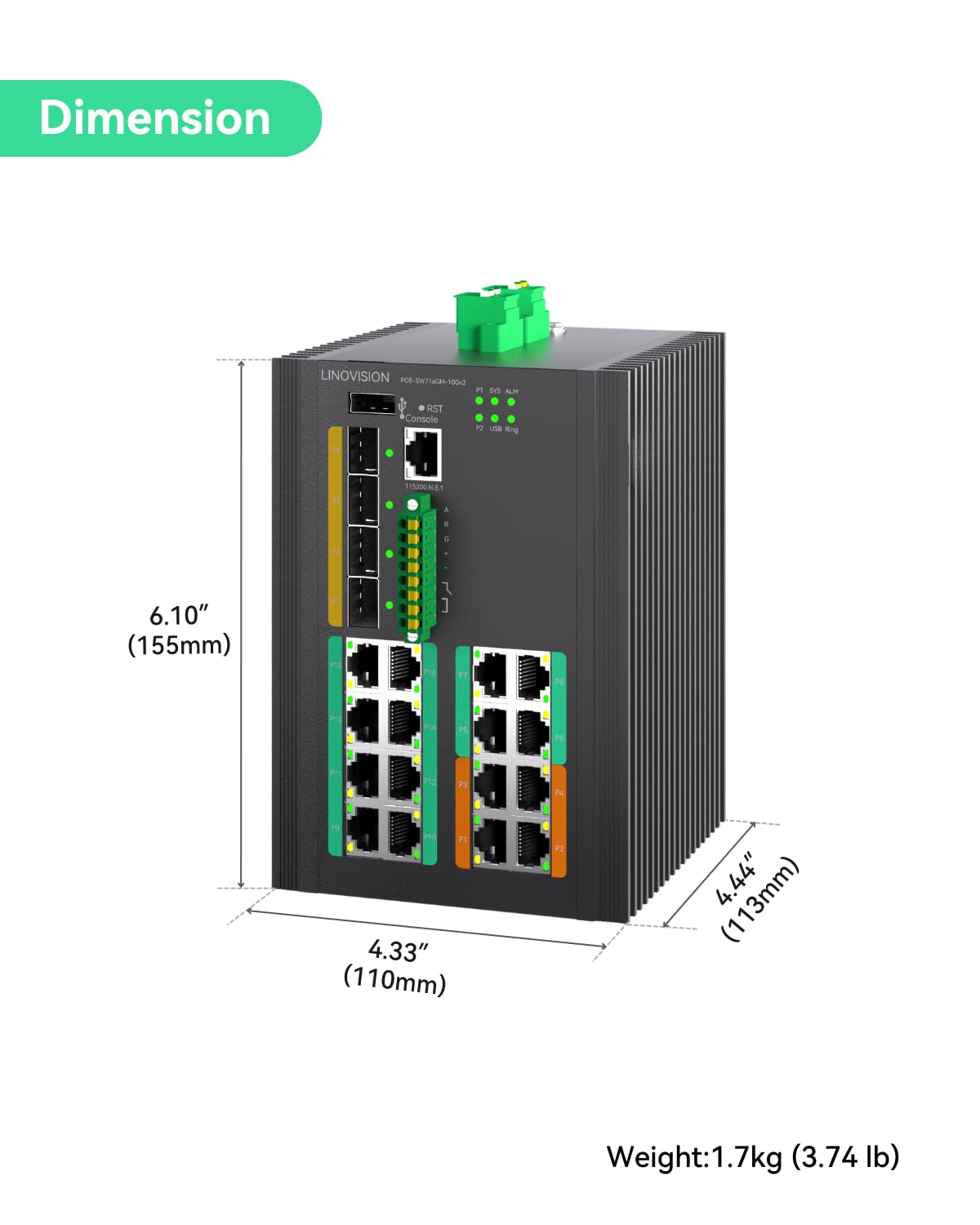 LINOVISION Switch Industriel L3 Géré PoE++, 16 Ports Gigabit, 4 Ports d'Uplink 10G SFP+, 370W