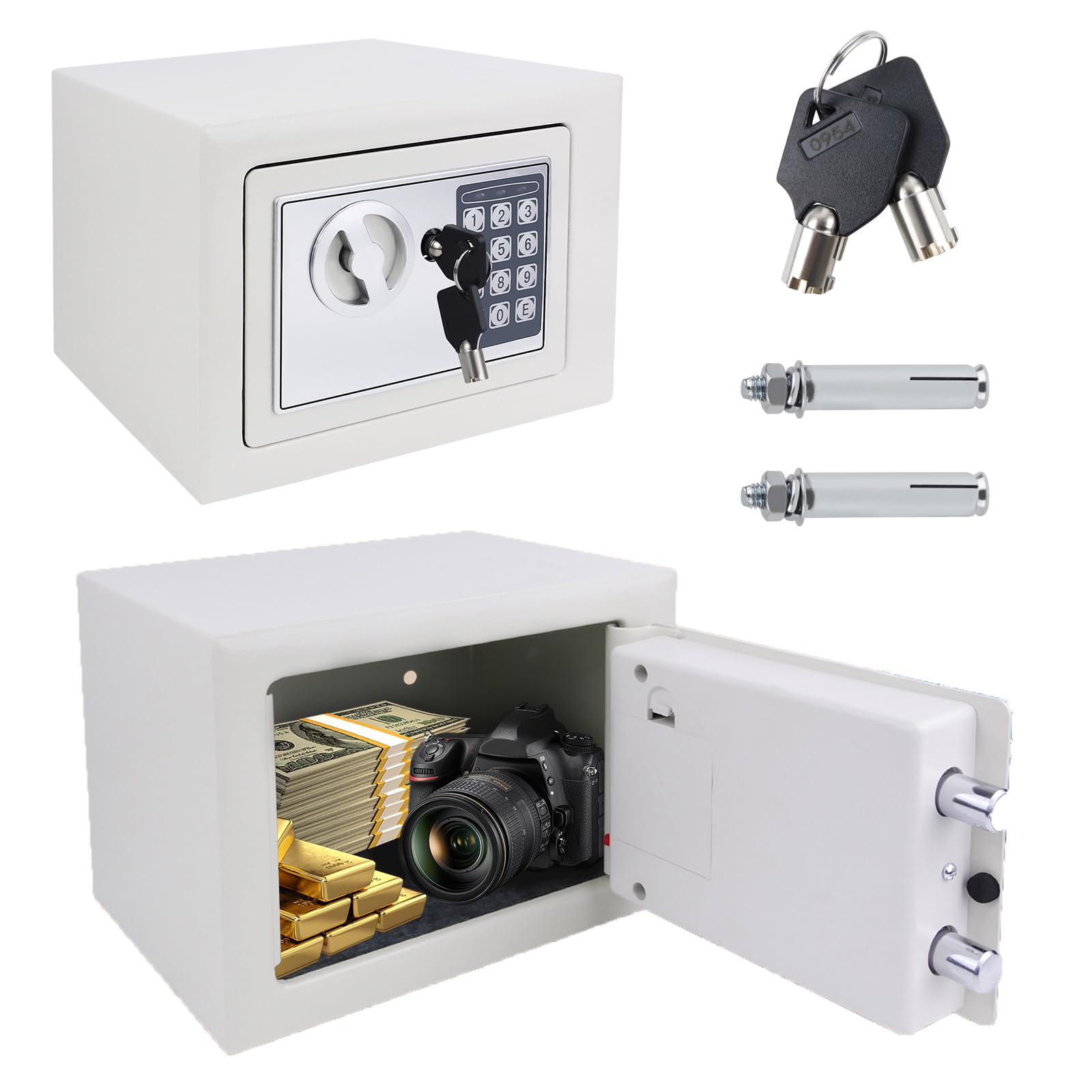 4.6L Electronic Digital Safe Box, Fireproof Security Box Home Office Money Cash Jewelry Steel Safety Box with 2 keys, Wall Mounted Mini Safe for Home Office Hotel, White, 23 x 17 x 17 cm