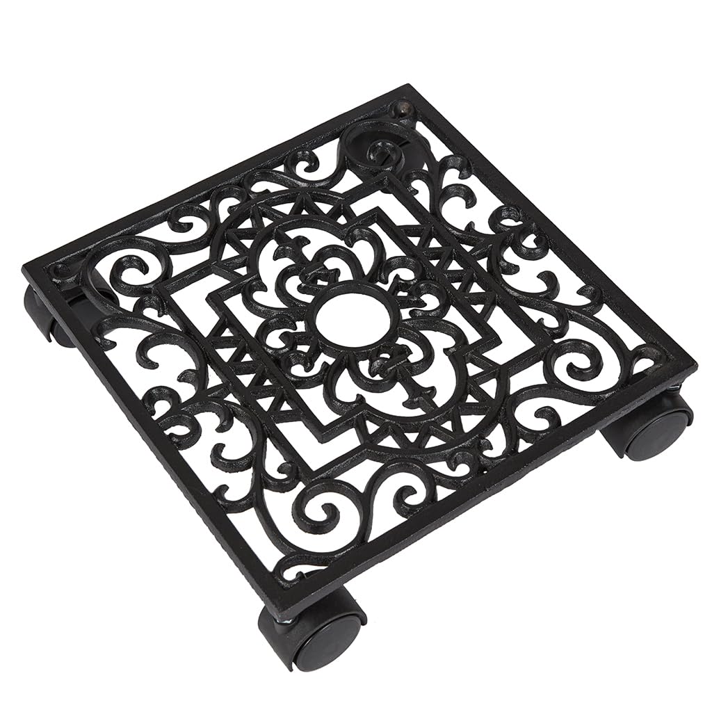 Dibor Cast Iron Plant Trolley Vintage Style Square Plant Pot Stand Plant Caddy with Wheels Ornate Scrolled Finish Square Plant Stand Dolly Home Garden Patio Decking Accessory