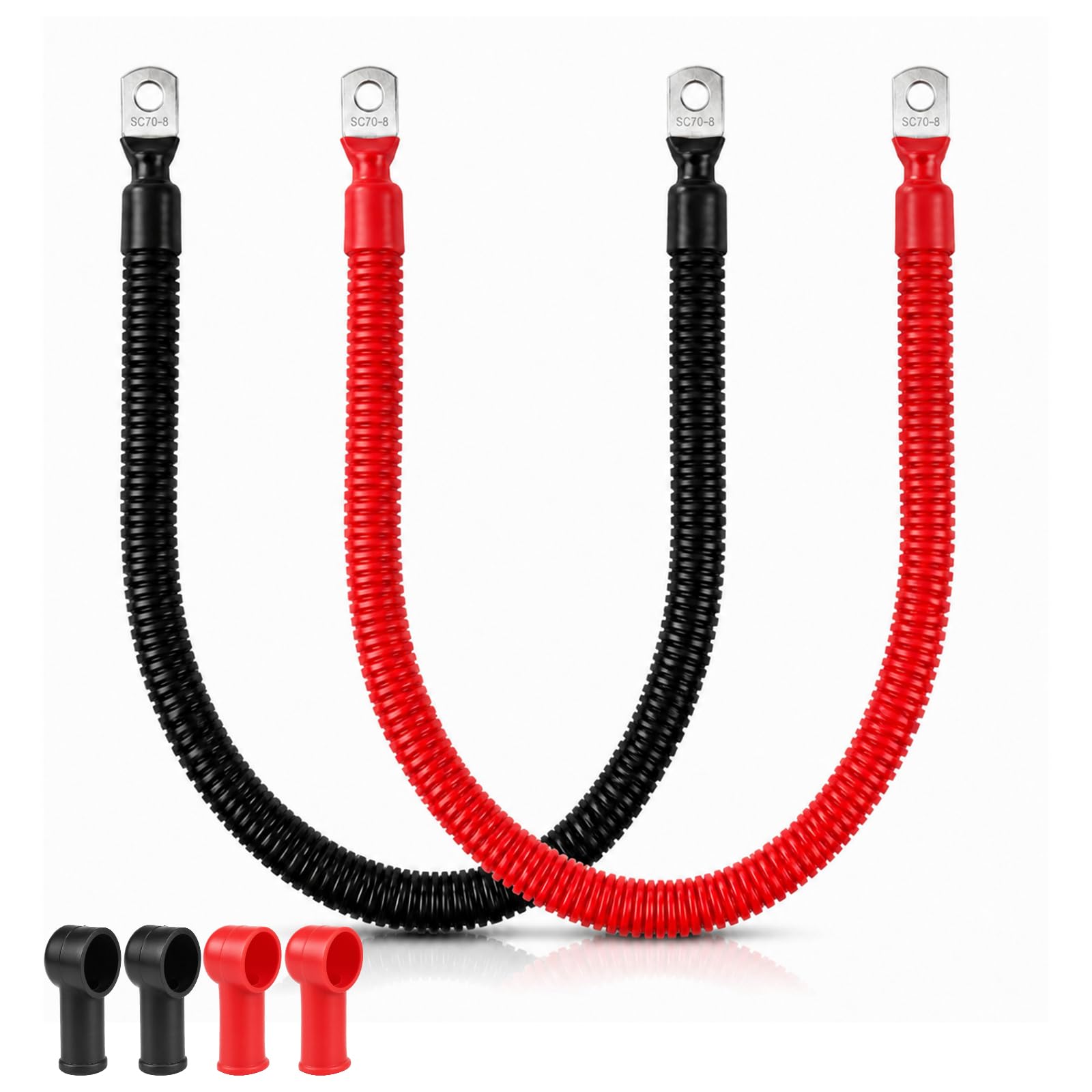 EXLECO 2 x50cm Cavi Batteria Auto 0AWG 50mm², 480A, SC70-8 Terminali Anello | Guaina Corrugata, Cappuccio Isolante, Cavo Massa per Auto/Camper/Barca/Solare, Rame Stagnato