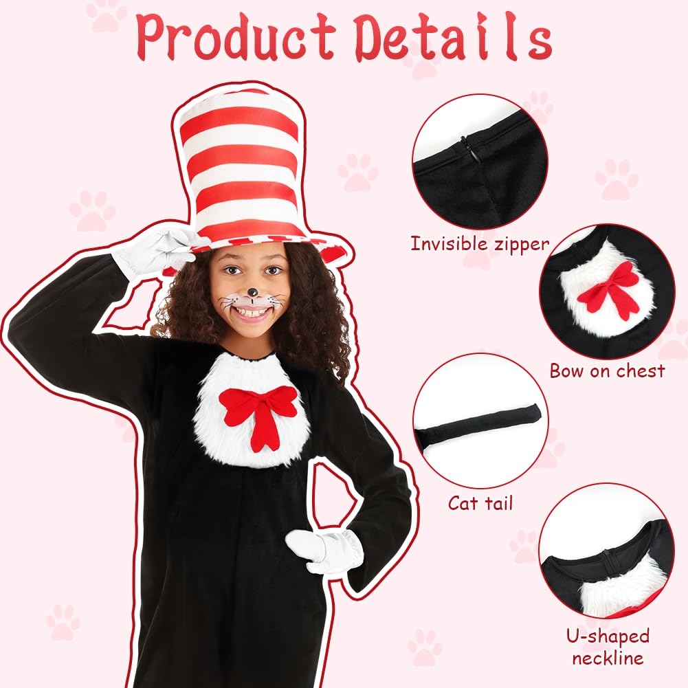 AUYAO Children's Dr. Seuss Cat in the Hat Costume - 3 Pcs Crazy Cat Fancy Dress Jumpsuit for Kids World Book Day & Halloween - Image 3