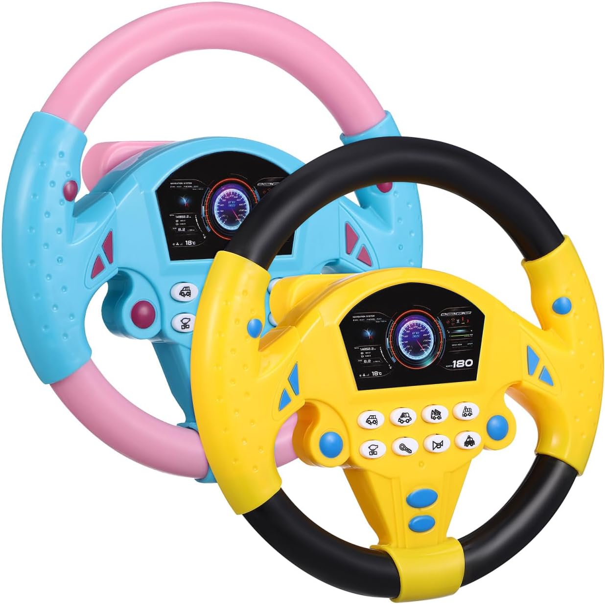 Kisangel 2 Pack Kids Steering Wheel Toy, Simulated Driving Controller | Interactive Educational Game with Sounds, Portable Pretend Play Driver for Toddlers, Gift for Boys and Girls
