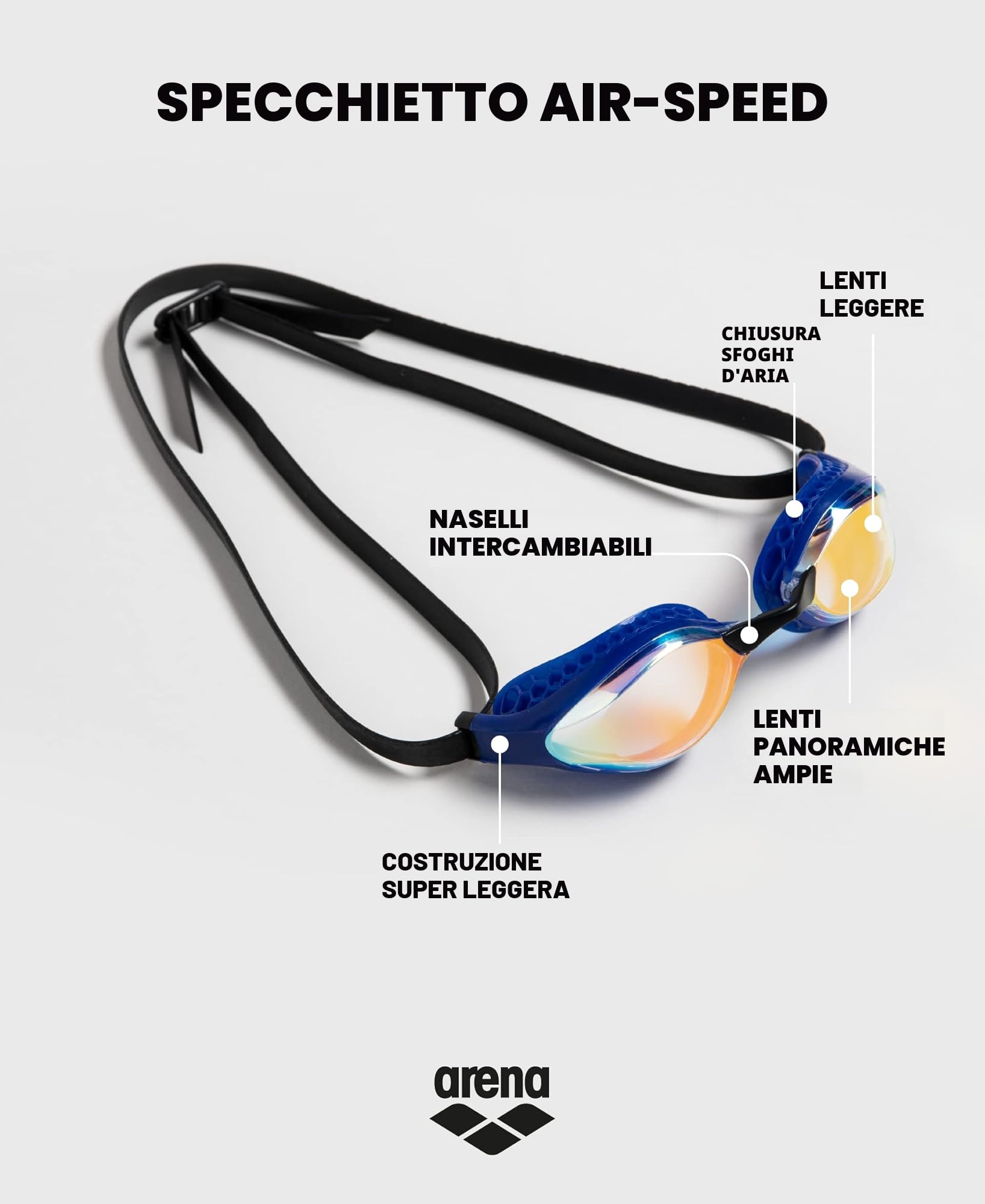 arena Air-Speed Mirror Occhialini Nuoto Gara Unisex Adulto, Occhialini Piscina con Ampie Lenti, Anti-Appannamento, Protezione UV, 3 Ponti Nasali Intercambiabili, Guarnizioni Air Seals