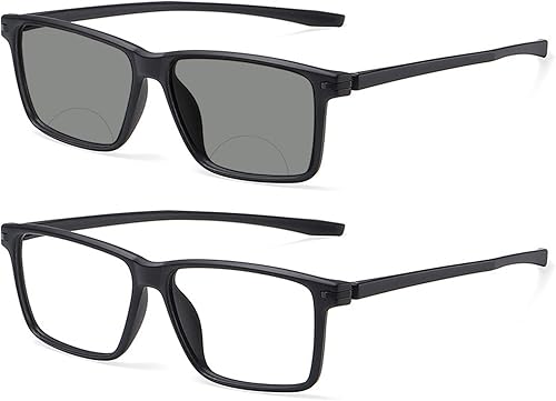 COTIA Gafas de lectura bifocales,TR90 Marco cuadrado con textura mate,Gafas de sol de transición fotocromáticas gris oscuro