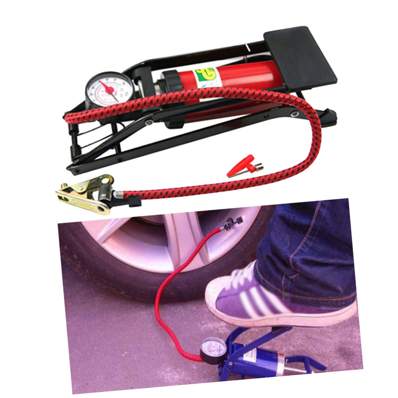 Hochdruck Fußpumpe mit Manometer für Reifen und Autos aus Metall