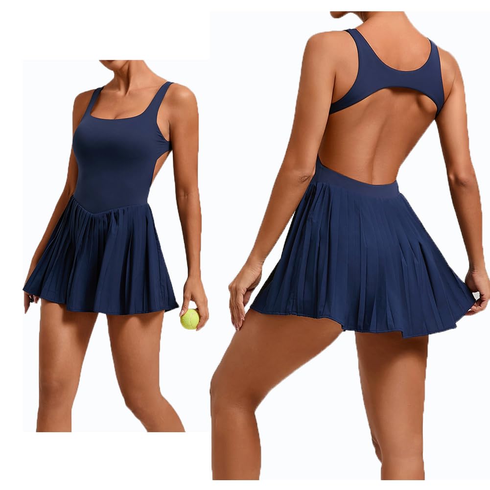 Sukienka Tenisowa Damska z Szortami i Biustonoszem, Sukienka Sportowa Bez Rękawów Dekolt Kwadratowy Odkryte Plecy, Plisowana Fitness Yoga z Kieszenią(XL, Dark Blue)