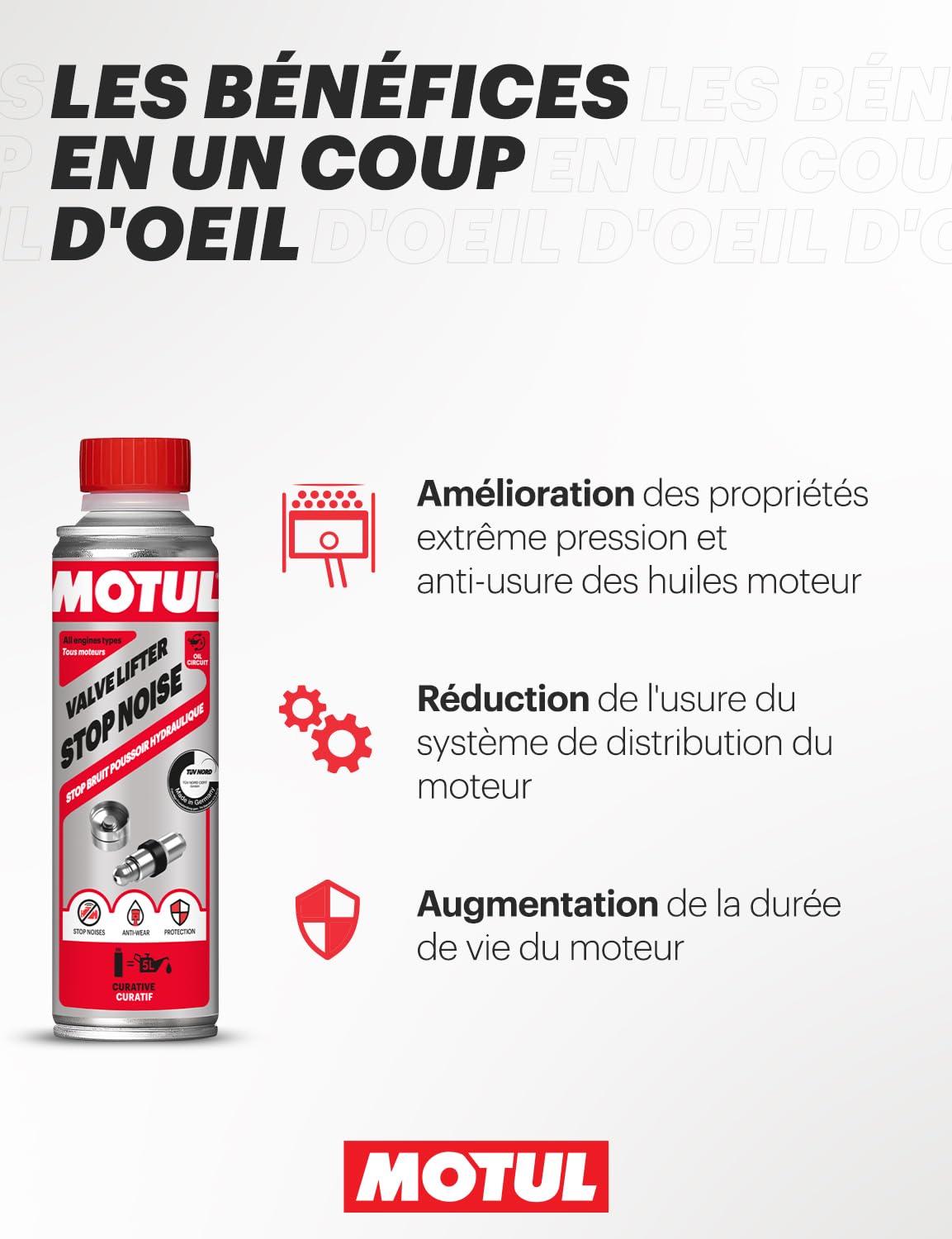Motul - Stop Bruit Poussoir Hydraulique - Additif Curatif Pour Moteurs Essence et Diesel - Anti-Bruit et Anti-Usure - Amélioration des Propriétés de l'Huile Moteur - Valve Lifter Stop Noise - 300 ml
