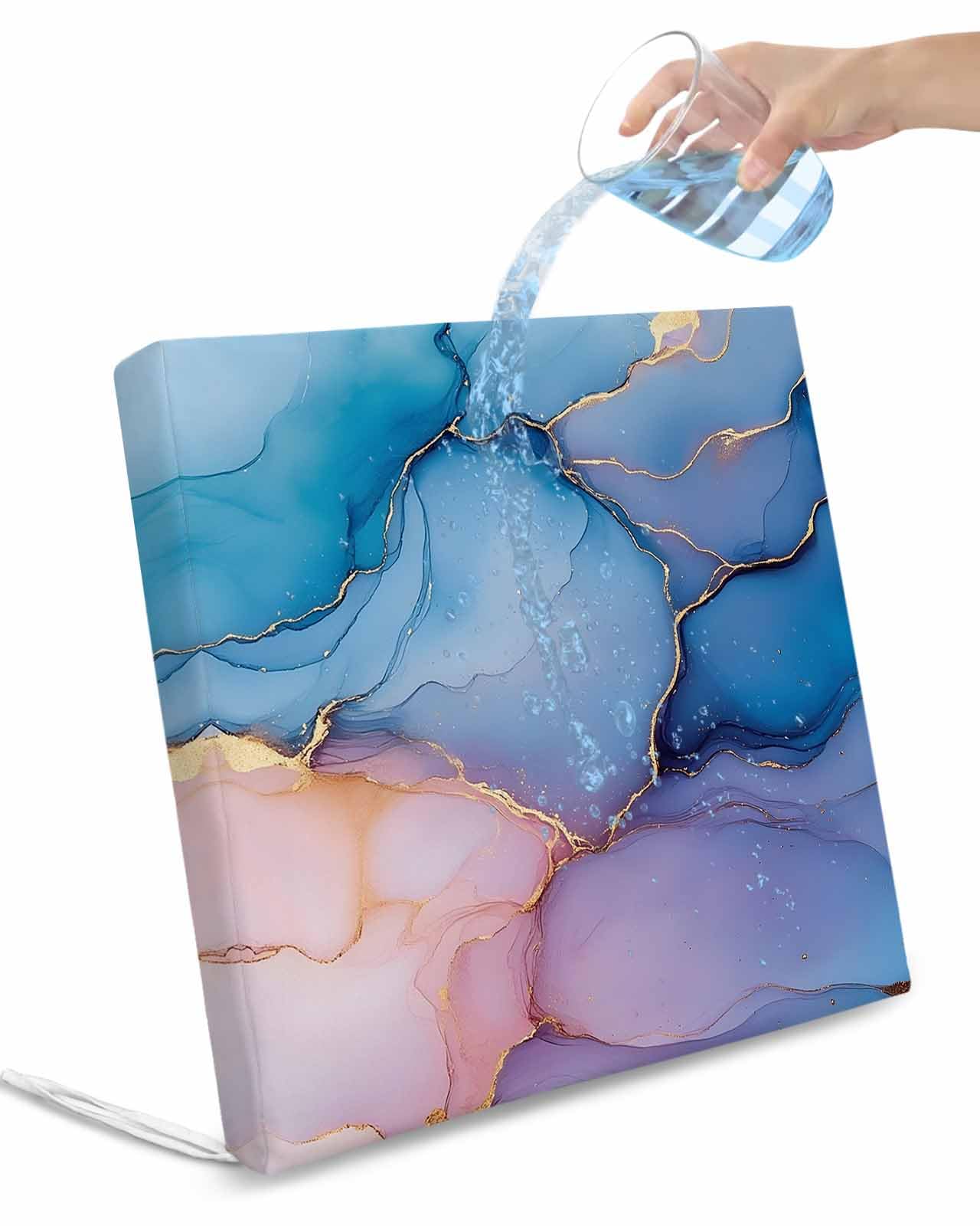 2 Pack Blue Pink Marble Waterproof Cushion Covers with Ties, Outdoor Patio Chaise Lounge Chair Seat Cushion Slip Covers Replacement(Only Cover) Modern Abstract Artwork 24