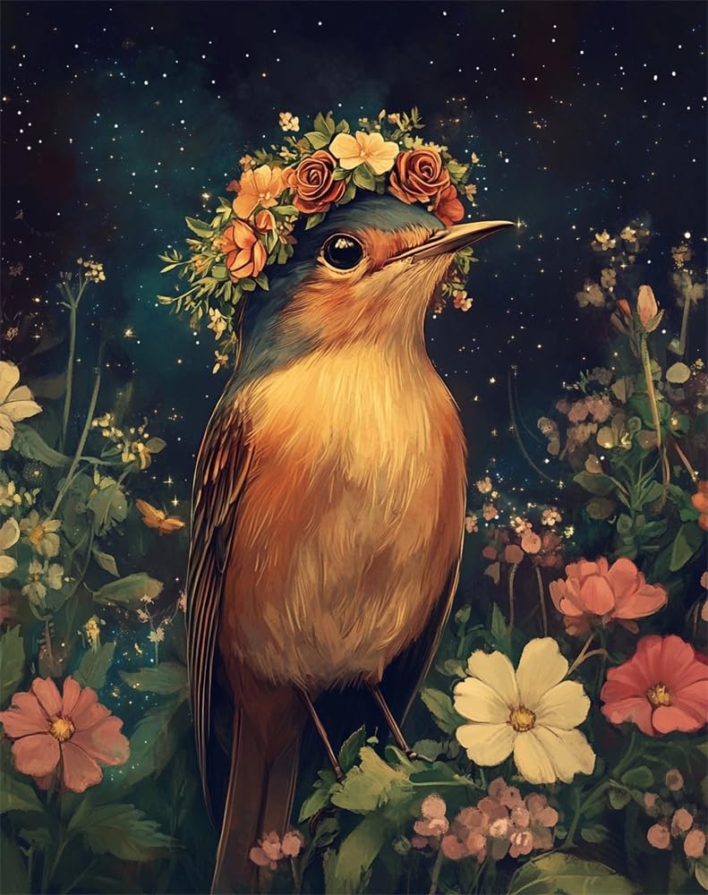 Henypt 11Ct DIY Counted Cross Stitch Kits for Adults Robin Bird Wearing A Floral-Wreath Hat Embroidery Cross Stitch Kits Stamped Pattern Starter Set Needlework Art Accessories Wall Decoration Adult
