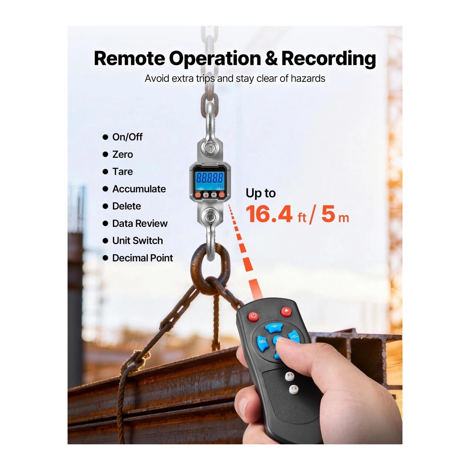 Báscula Colgante Digital Báscula de grúa Digital con Pantalla LCD y Interruptor 3 Unidades Colgante Industrial Control Remoto(500Kg)