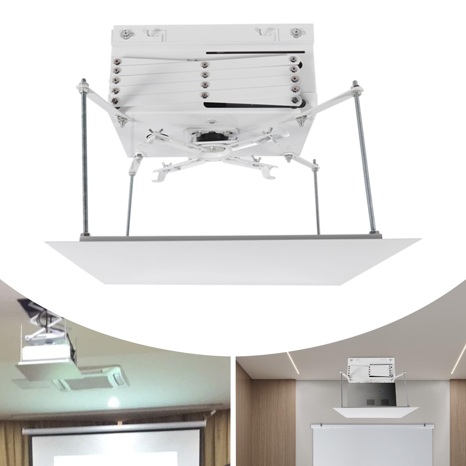 Elevador de techo motorizado blanco para proyectores, ajuste de altura de 1 m y motor silencioso de 21 W, soporte de ascensor con parada de seguridad y mando a distancia (montaje en techo)