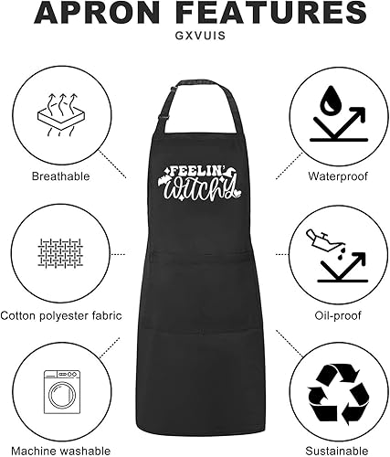 Miniatura 5 de Feelin' Witchy - Delantal para mujer con 2 bolsillos, diseño de bruja de Halloween, impermeable, ajustable, delantal de cocina, regalo para niñas