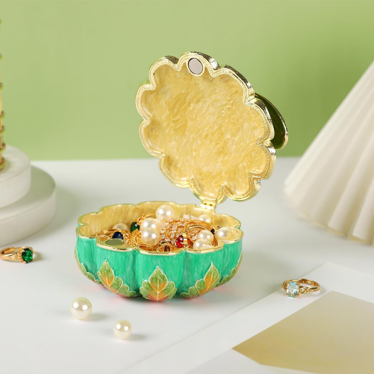 Bee with Flower Shape Trinket Boxes Hinged Hand-Painted Small Jewelry Box with Rhinestones Enamel Unique Gift for Women (Green)
