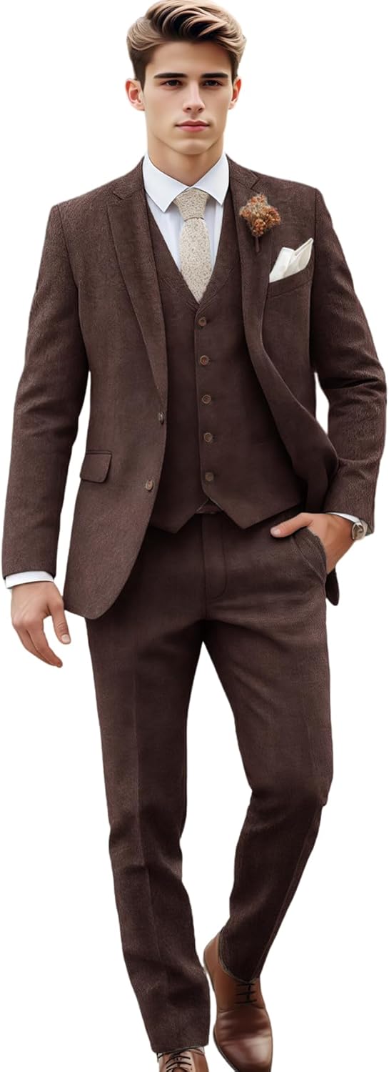 VENNYNG Men's Tweed Herringbone Suits 3 Piece Vintage Retro Wedding Blazer Vest Pant Set Single Breasted Two-Buttons