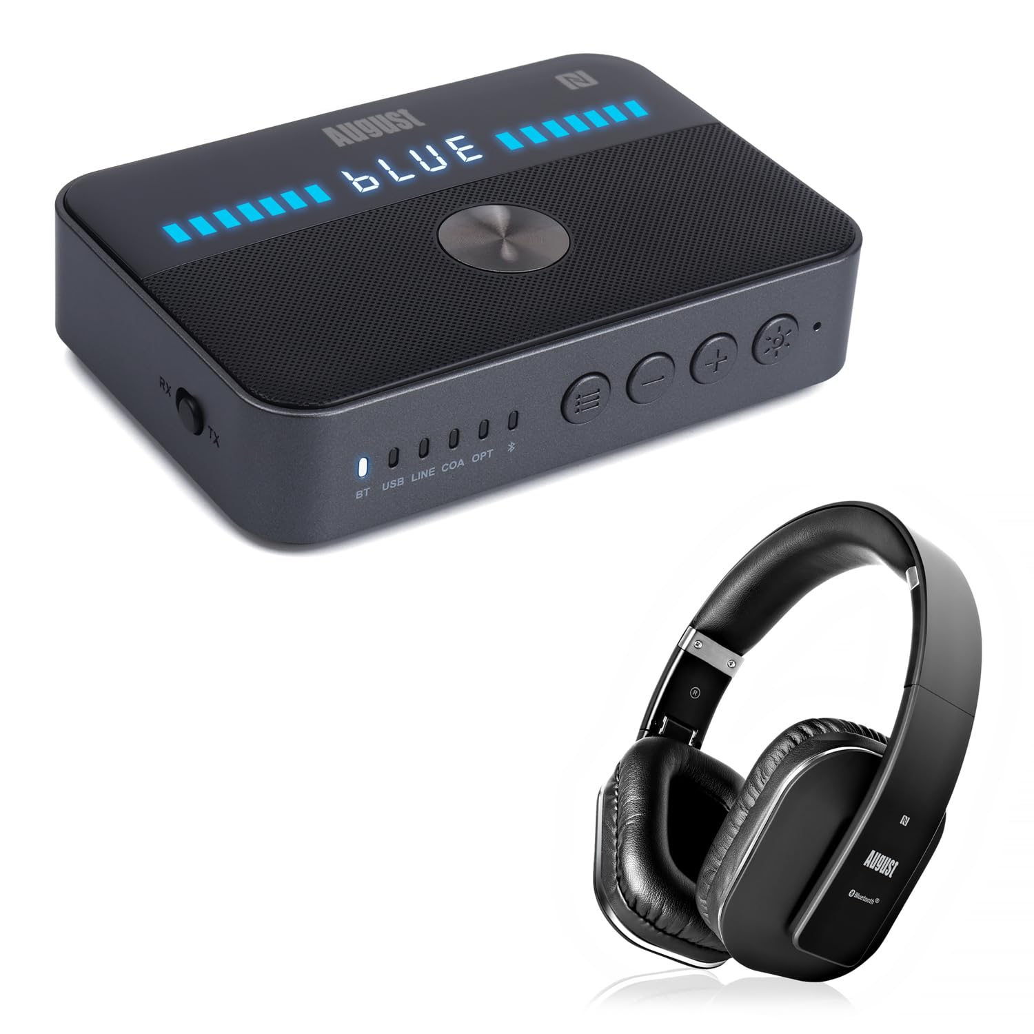 August MR285 Receptor Bluetooth + EP650 Auriculares, Transmisor Adaptador Bluetooth para PC TV, Soporte AUX, Jack 3.5, RCA, Óptico, Coaxial, USB y NFC - Modo Bypass, HiFi Audio Dual y Multipunto, 12H