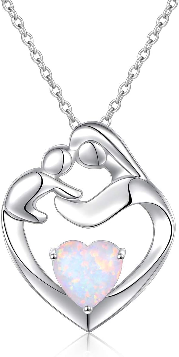 FLYOW Mothers Necklace 925 Sterling Silver Mother and Child Lab Opal Heart Pendant for Women Mother Daughter, Adjustable Hug Necklace New Mum Gifts