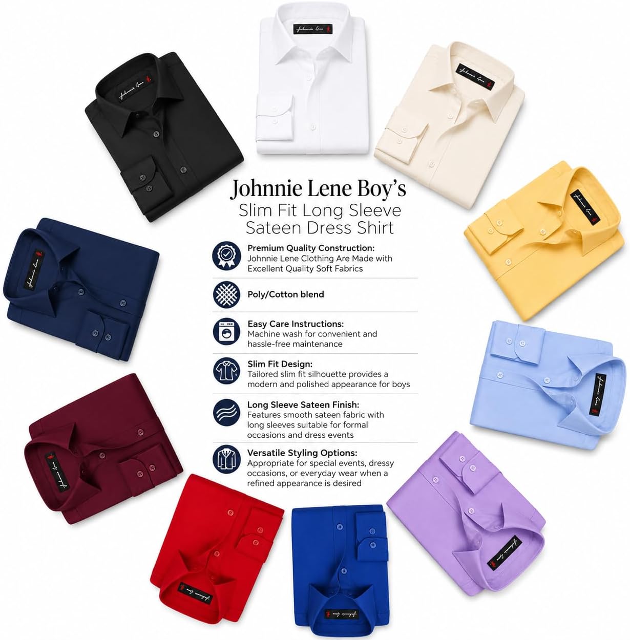 Boys Slim Fit Long Sleeve Solid Sateen Formal Button Down Dress Casual Shirt