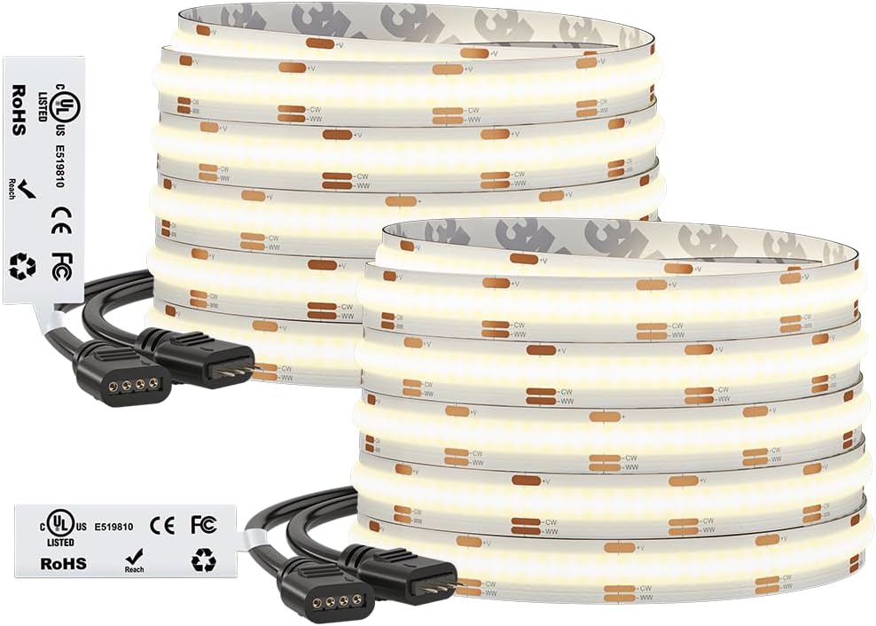 BTF-LIGHTING FCOB COB LED Strip CCT Tunable 3000K-6000K,UL Listed DC24V 32.8FT CRI 90+ Dimmable LED Tape Lights,640LEDs/m Dotless for Bedroom Kitchen Indoor Decor(No Adapter or Controller)