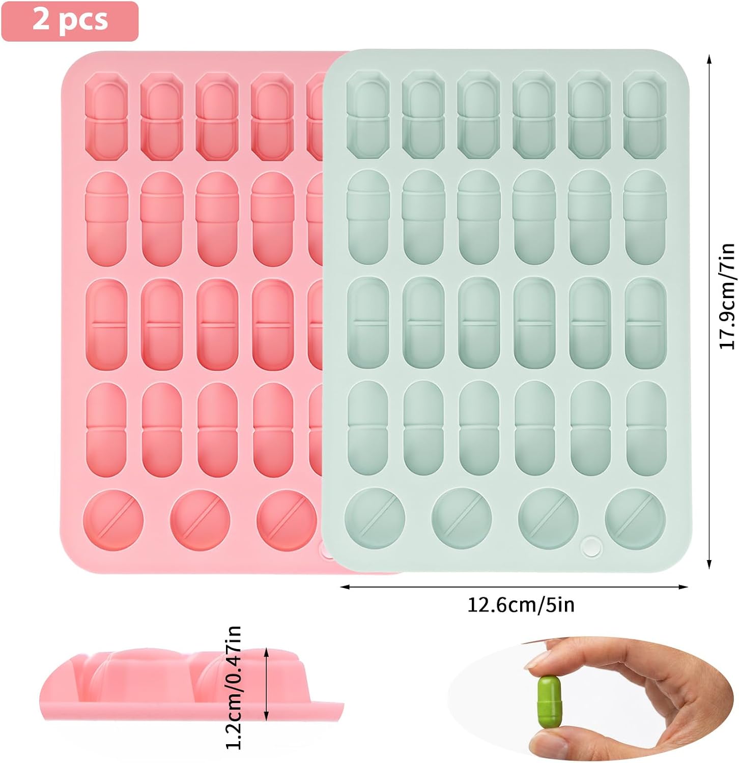 2 Pack Silicone Pill Mold for Making Pills, 5 Sizes Capsule Shaped Candy Molds Trays Molde Para Pastillas Suppository Molds for Chocolate Ice Cube Gummy Candies Jellies
