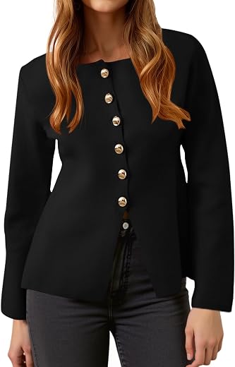 Cicy Bell Womens Button Up Cardigan Sweaters Lightweight Long Sleeve Knit Tops Business Casual Round Neck Fitted Jacket