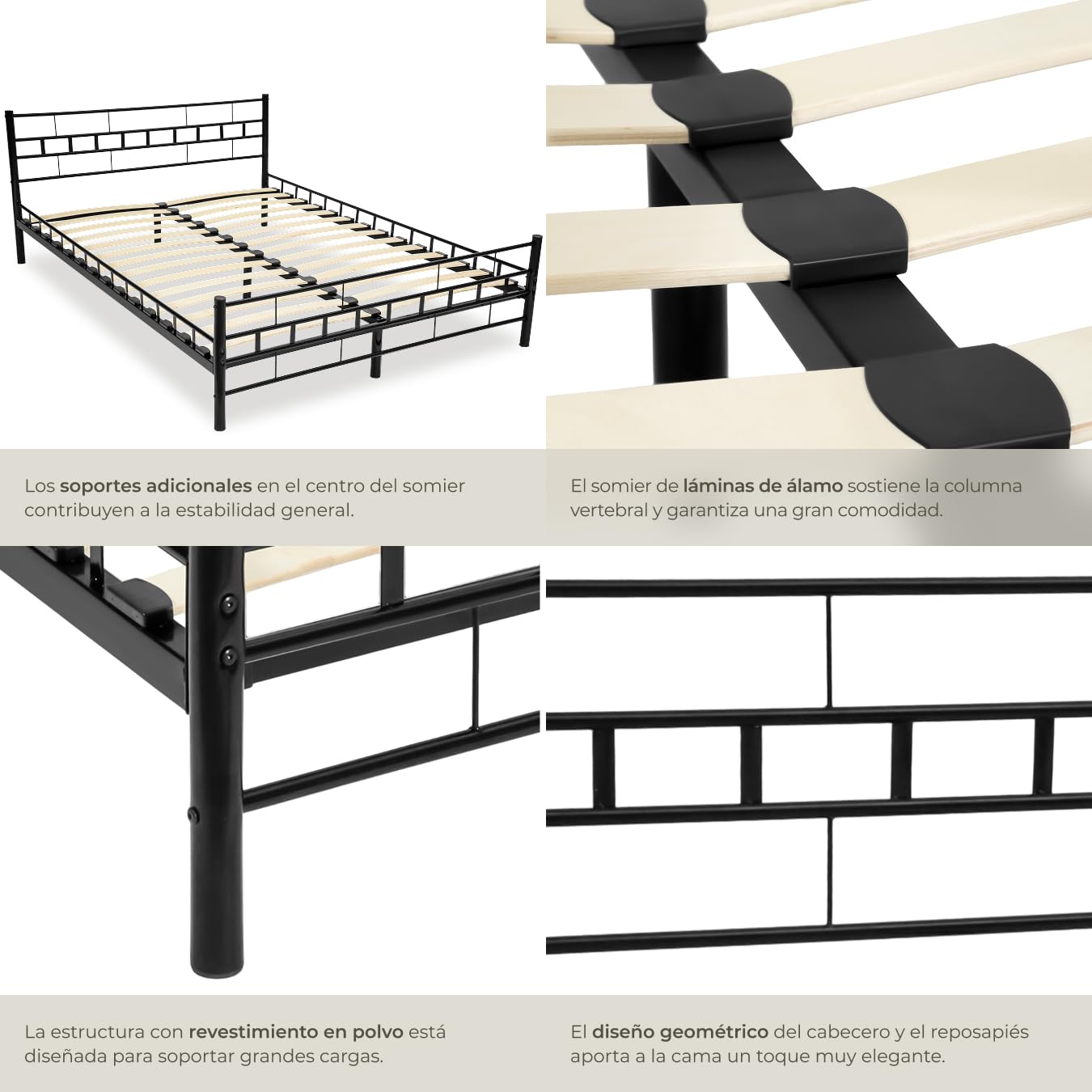 tectake® Cama Matrimonio Estructura de Acero Robusto con Somier de Láminas de Madera, Muebles de Dormitorio, Cama Completa, Resistente, Fácil de Limpiar, Base de Cama - 180 x 200 x 76 cm Negro