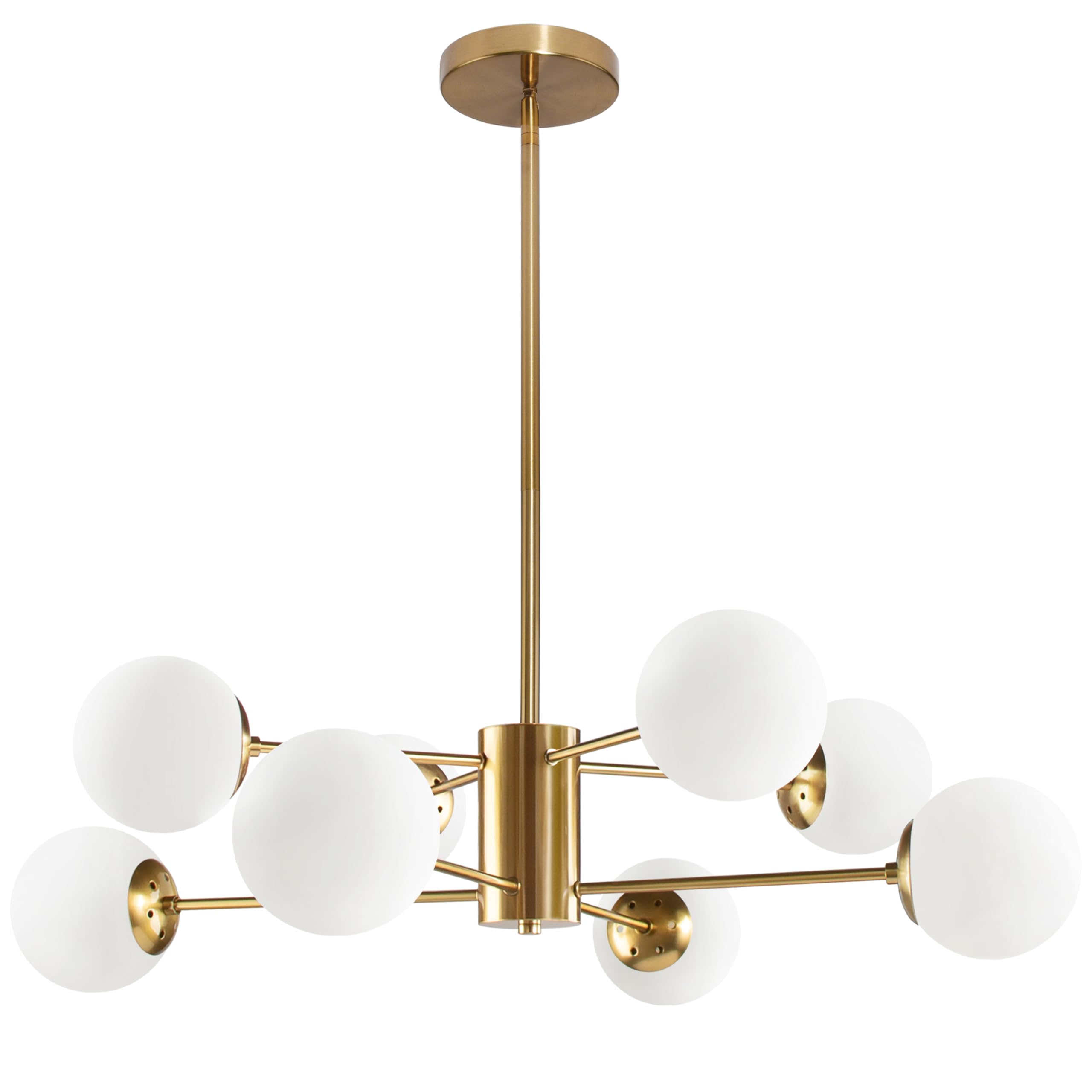 8-Light Globe Sputnik Chandelier Gold Mid Century Modern Light Fixture Brushed Brass Finished with White Frosted Globe Glass Lampshade Sputnik Chandeliers for Dining Room Bedroom Kitchen Island ((Missing 1 Globe - Replacemnt 2" Globe $19.99 Online.)