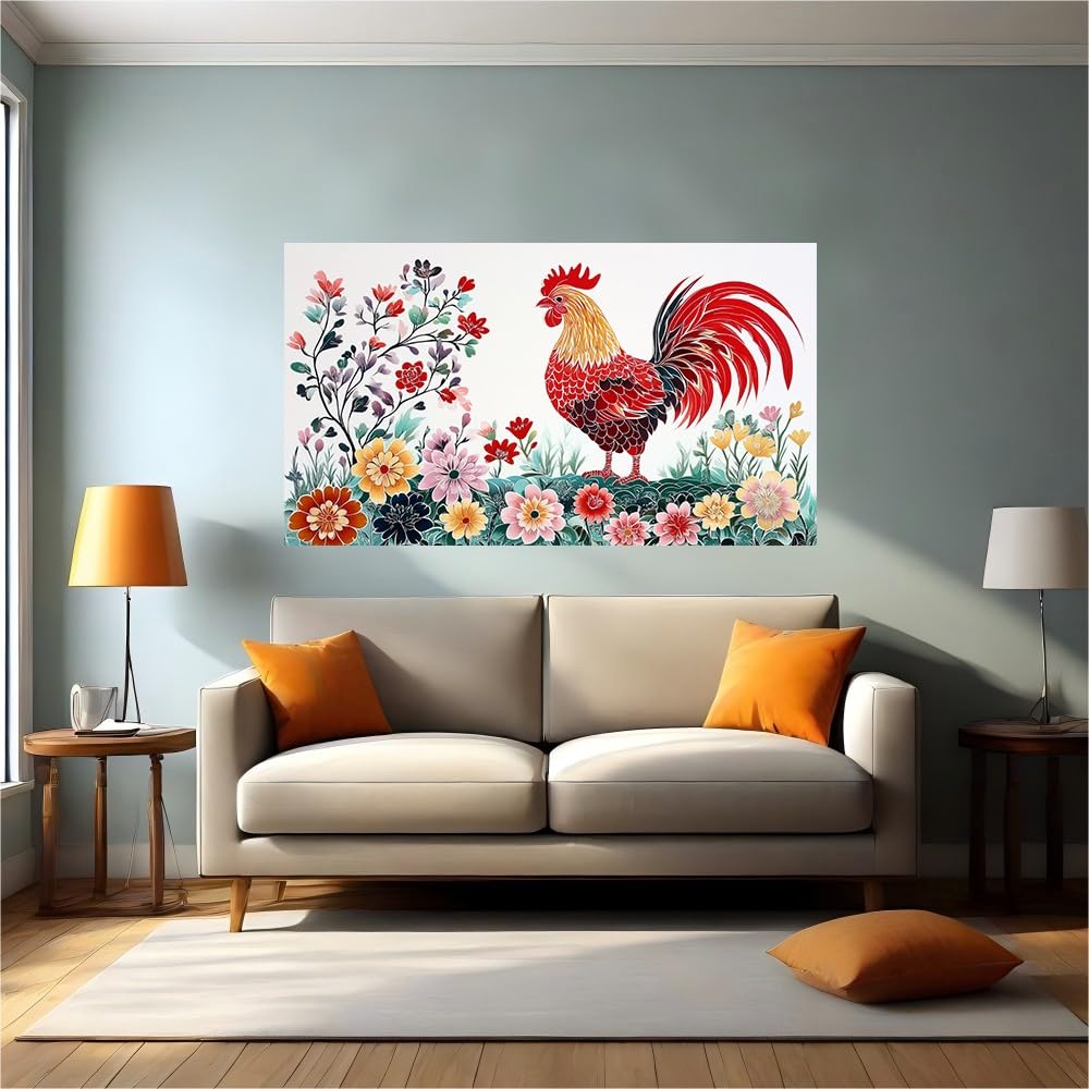 Vinilo infantil de gallo y flores 120x80 cm para pared de habitaciones