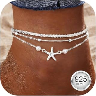 Fußkettchen für Damen Silber 925 Verstellbares Fussketten für Frauen Layered Fusskette Set Stapelbare Herz Seestern Fußkette Silber Gold Sommer Schmuck Geschenk