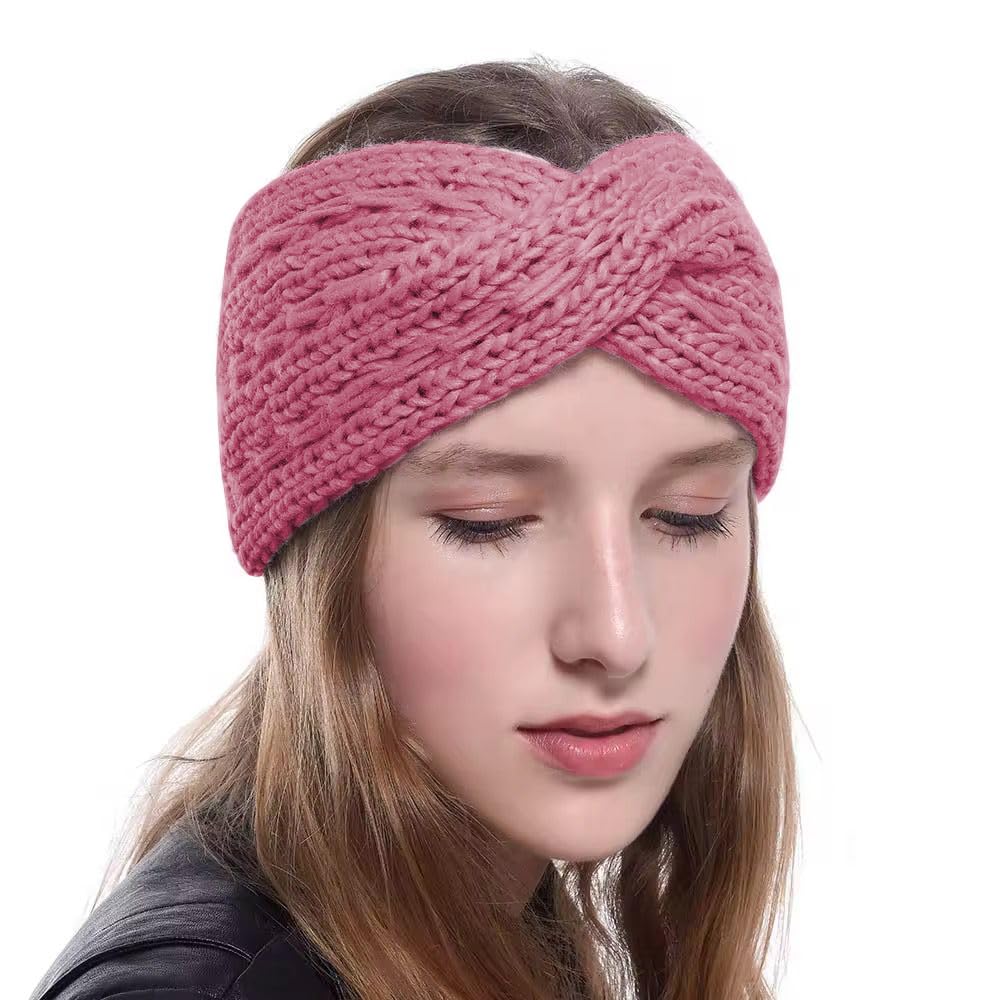 Women Stylish Soft Acrylic Woolen Headband New Cris Cross Bow Earwarmer Crochet Headwrap Hairband Earmuffs Warm Winter Accessories (A Darkpink)