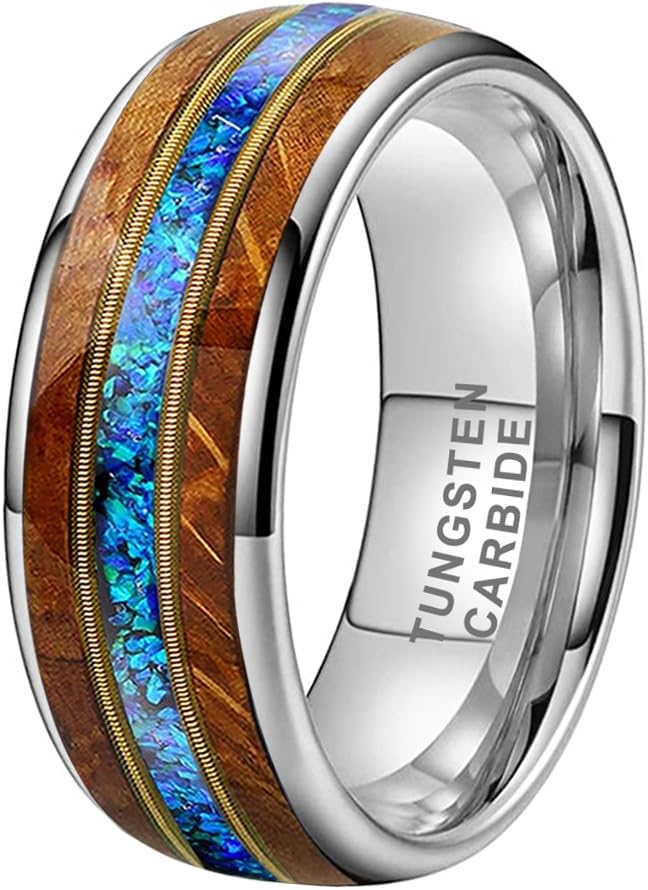 TUTISS 8mm Tungsten Rings for Men Women Engagement Wedding Bands Whisky Barrel Wood Guitar String Blue Opal Inlay Domed Polished Comfort Fit