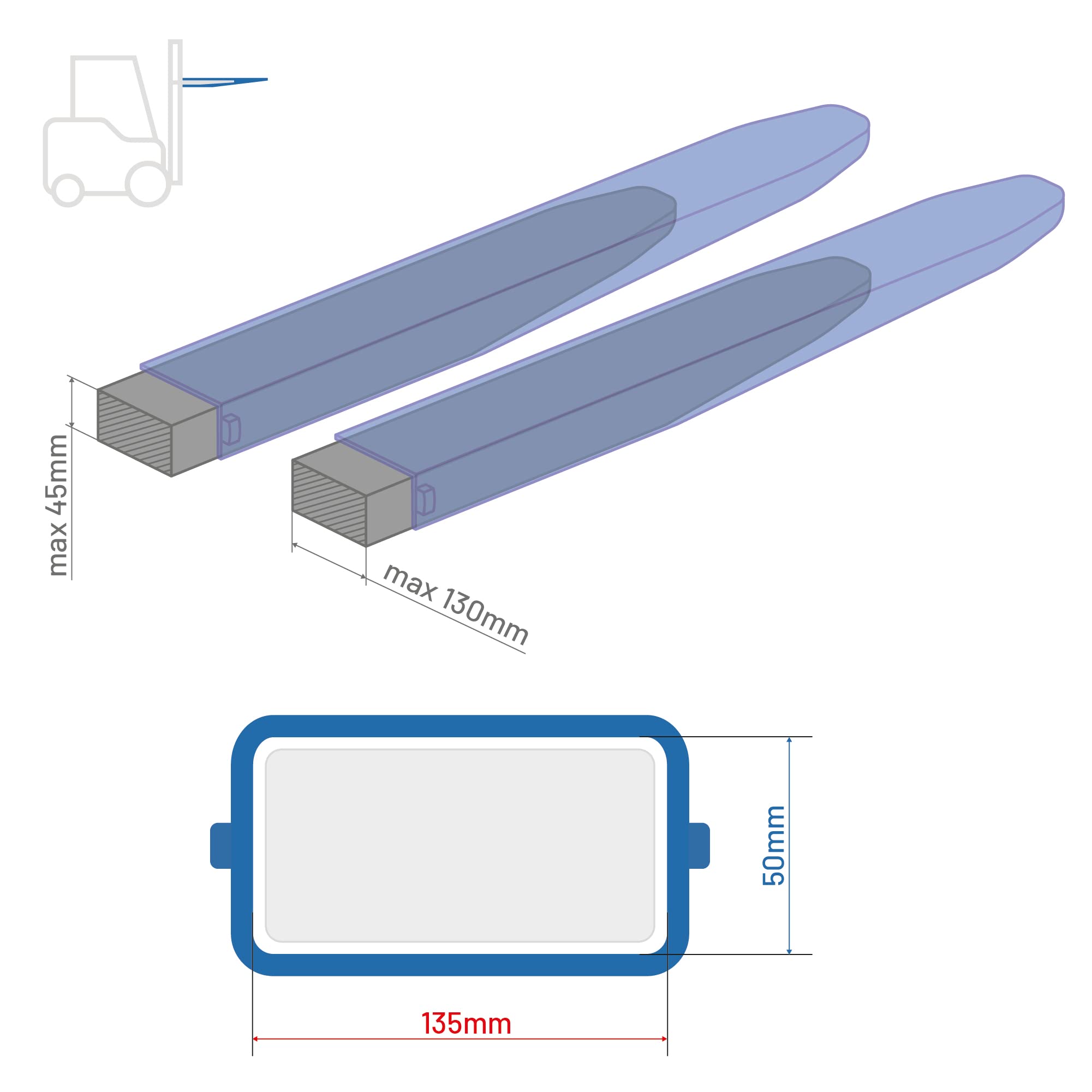 Extensión de la horquilla cerrada | 2200 mm 2,2 m | 135x50 mm | Prolongación de horquilla para carretilla elevadora | Par