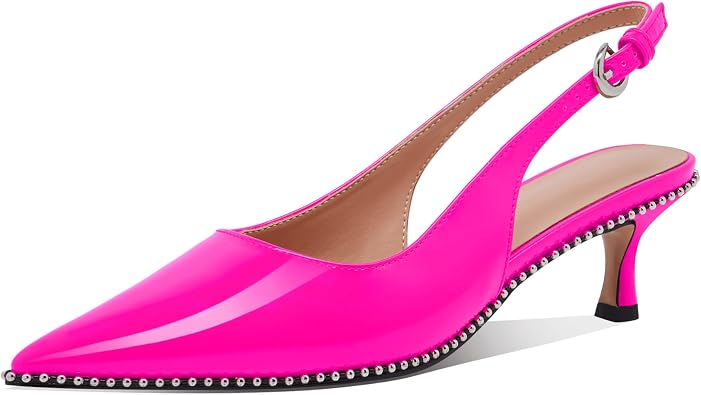 Womens Burgundy Slingback Kitten Heels Pointed Toe Patent Leather Dress Shoes with Rhinestone Trim Elegant Low Heel Pumps for Party, Wedding, or Office