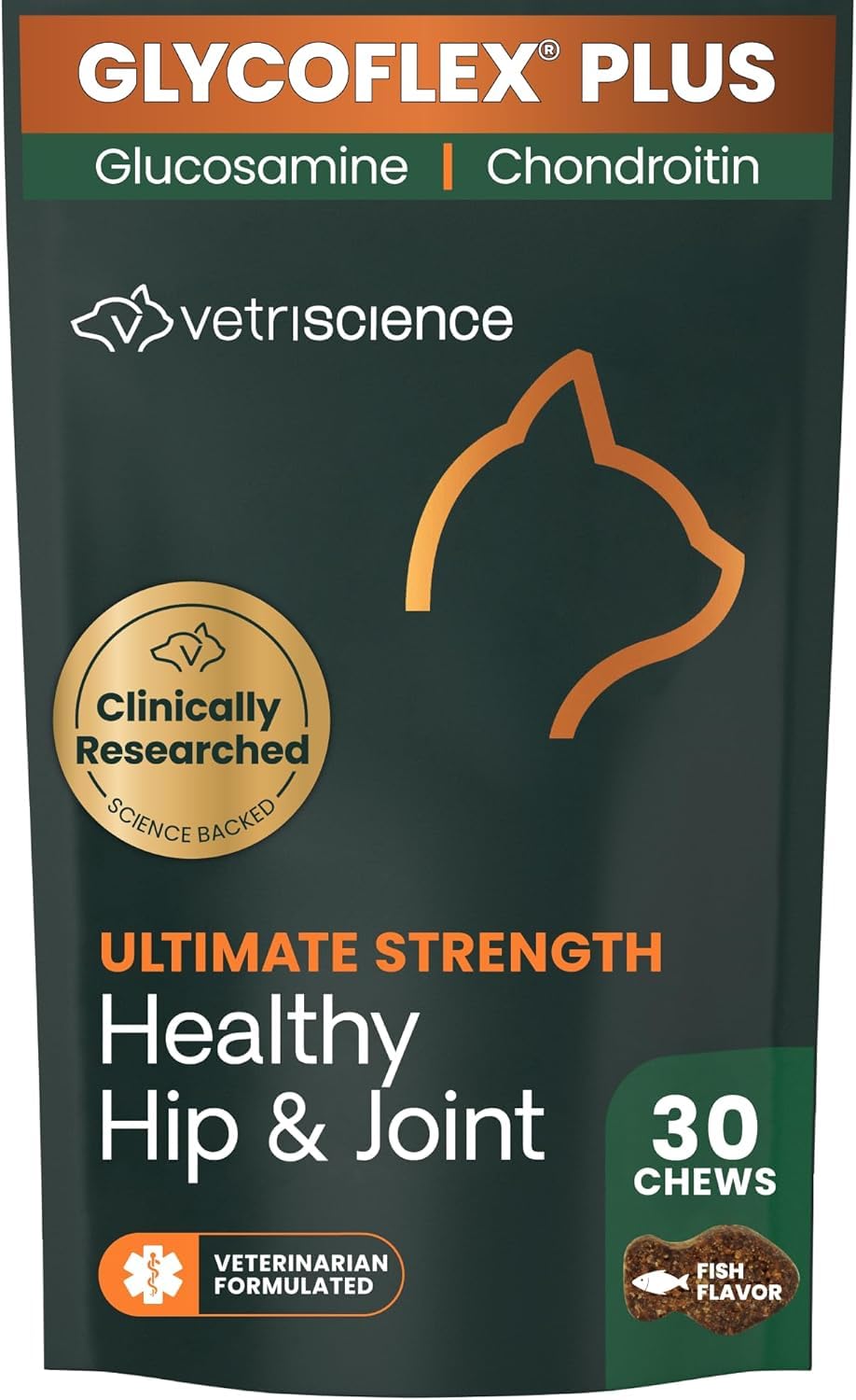VetriScience GlycoFlex Plus, Clinically Proven Joint Support Cat Supplements - Joint Health Supplement with Glucosamine, Chondroitin, MSM, and DMG - 30 Chews, Fish Flavor​