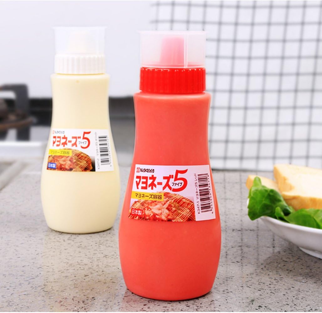 MXY Japanese Squeeze Bottle Creative 5 Hole Design Salad Vinegar Ketchup Honey Oil Pot with Dust Lid 380ml (Red) image 5