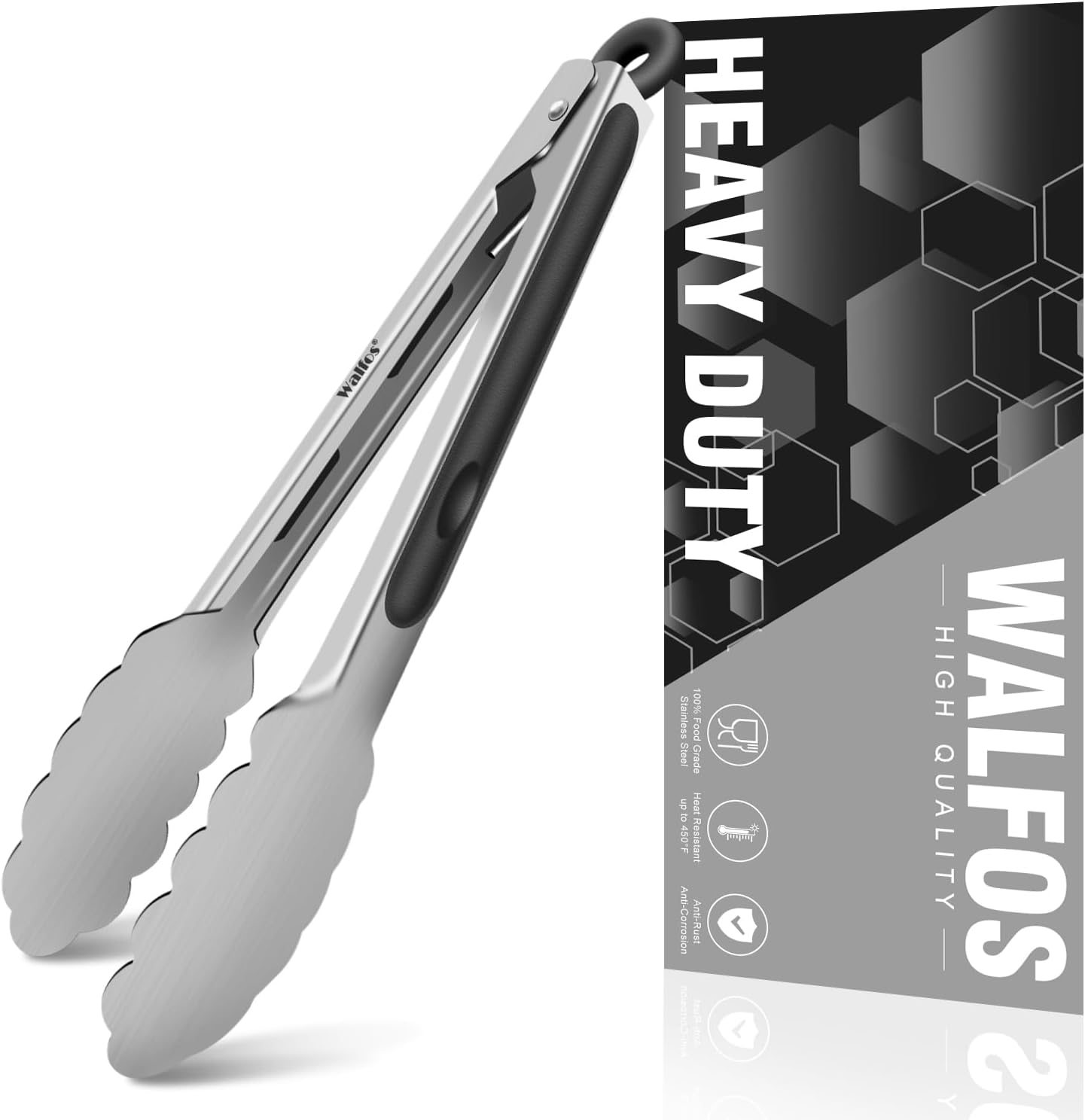 Walfos Stainless Steel Kitchen Tongs 9 inch Heavy Duty