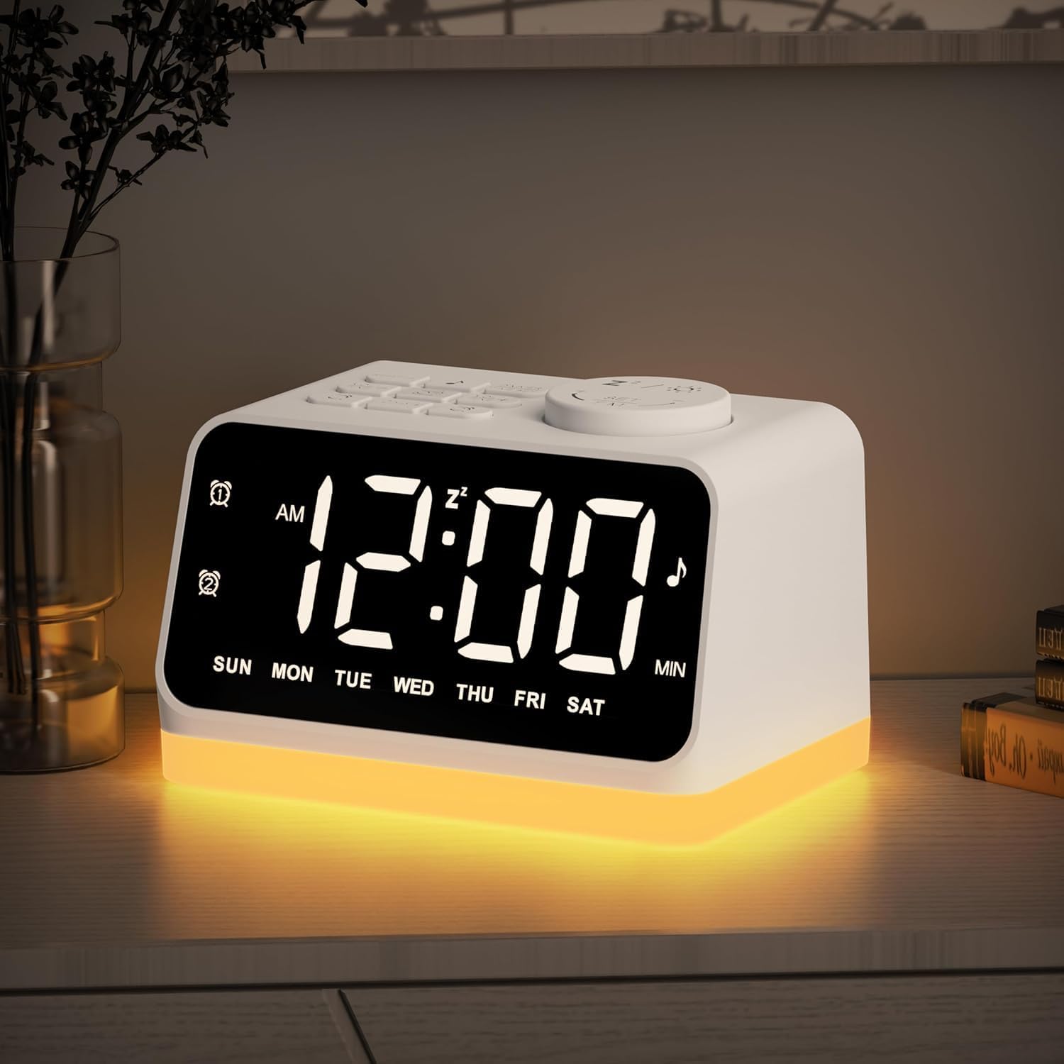 JALL Reloj despertador digital con radio FM para dormitorio, luz nocturna de 8 colores con 2 puertos de carga, máquinas de sonido para dormir con temporizador, alarma dual, alarma fuerte y fácil de