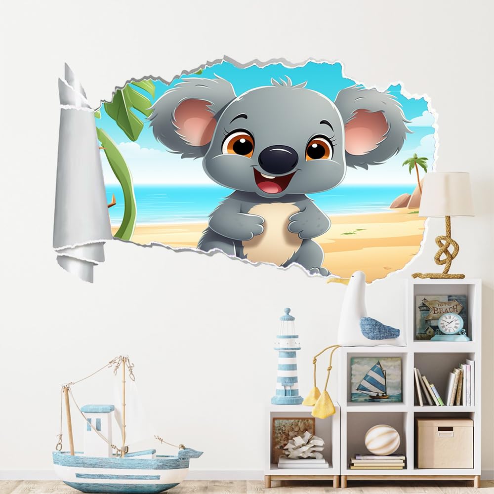 Decalcomania Fracassata 3D, Animali Koala Adesivo staccabile e adesivo rimovibile, Paesaggio Della Spiaggia Tatuaggio da parete Ragazze Camera da letto Decor Mural Home Decor