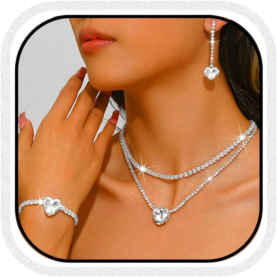 Unicra Silver Rhinestone Necklace Earrings Bracelet Sets Bridal Wedding Jewelry Set Heart Costume Jewelry Sets for Women and Brides
