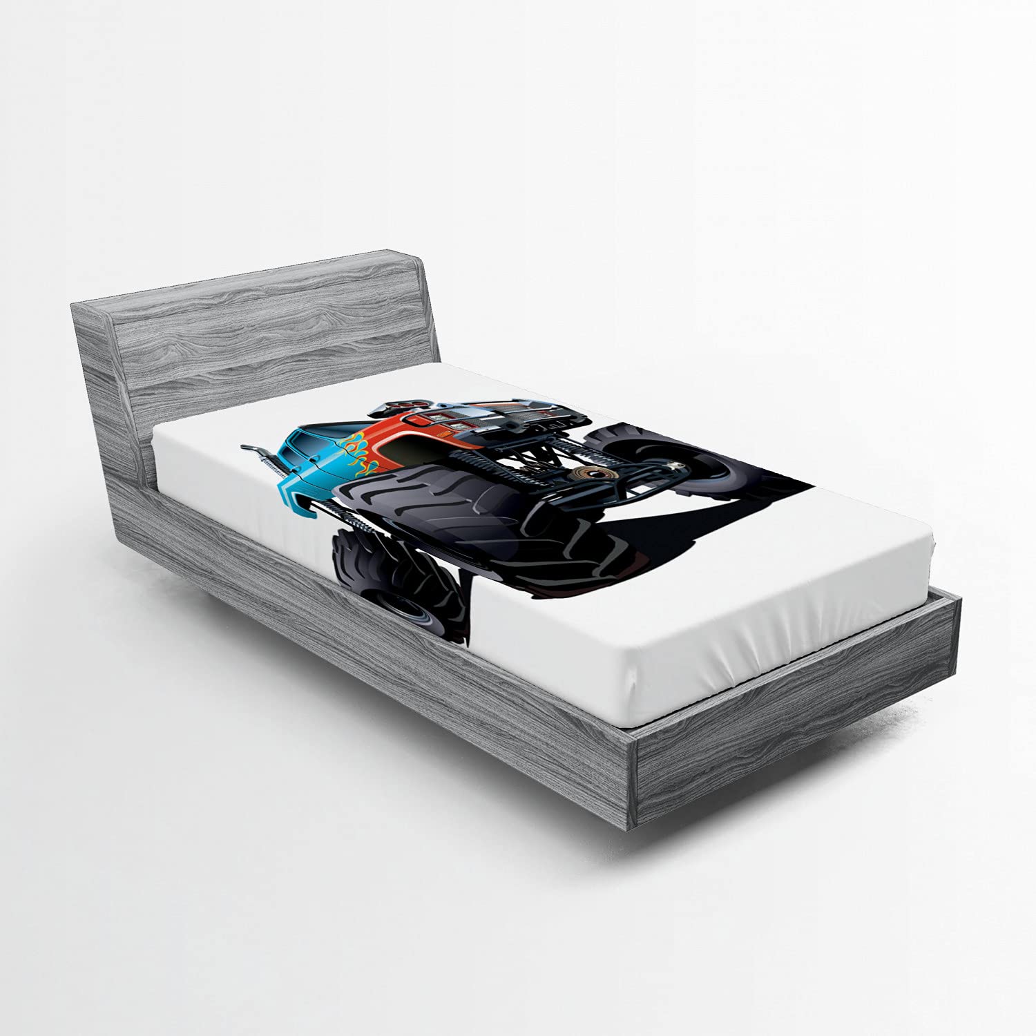 Ambesonne Monster Truck 2 Pack Fitted Sheet, Offroad Sports, Bed Cover All-Round Elastic Deep Pockets 2 Pieces, Package Contains 2 Twin Size Fitted Sheets, Blue Black