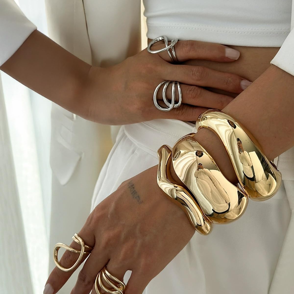 ALEXTINA Chunky Gold Bracelets Set for Women 18K Gold Plated High Shine Bracelets Minimalist Open Wide Cuff Bracelets Gold Cuff Bracelet Trendy Gold Bangle Bracelet - Image 2