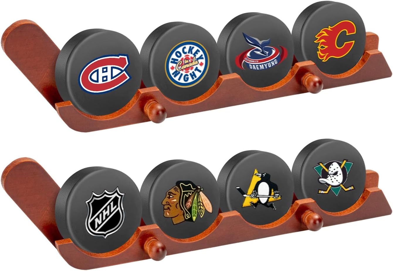 2 Pack Hockey Puck Display Cases for Father's Day Gifts, Wooden Wall Mount Holder with Hook - Hockey Puck Holder Living Room Stick Decor Accessory for Player Team Gift - burlywood