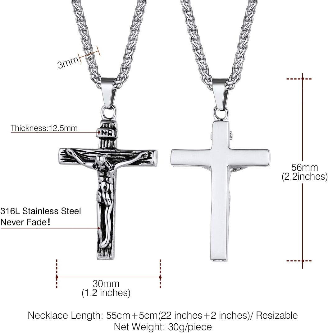 Diagram showing dimensions of the U7 Crucifix Urn Necklace: 56mm length, 30mm width, 12.5mm thickness, and 22+2 inch chain length.
