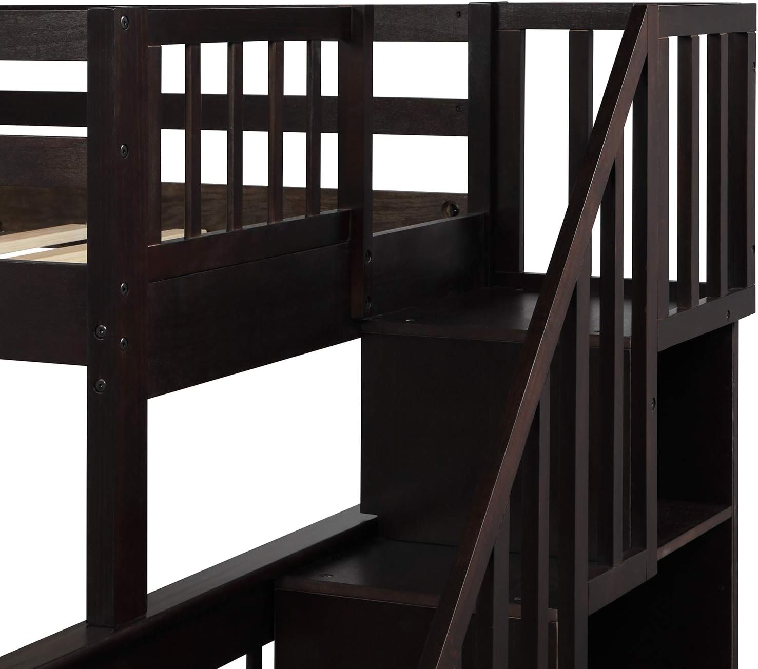 MERITLINE Bunk Bed Twin Over Full with Trundle and Storage Staircase, Solid Wood with Storage Shelves & Full-Length Guard Rail for Kids, Teens, Adults (Espresso)