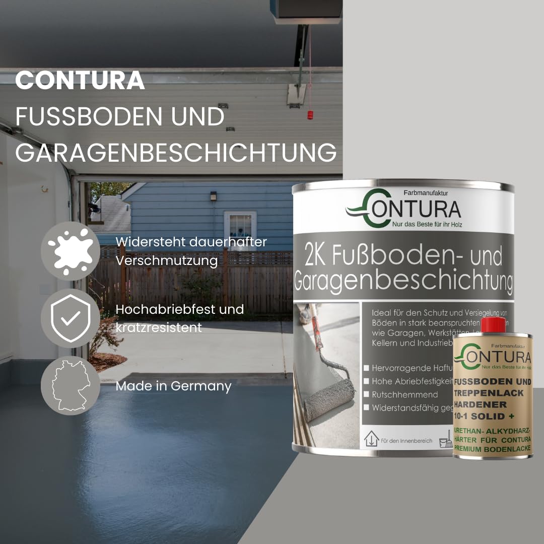 Contura 2K Bodenfarbe Betonfarbe Garagenfarbe Kellerboden Fussbodenlack Seidenmatt Lack (9005 Schwarz, 1,10Liter (1L+100ml Härter))