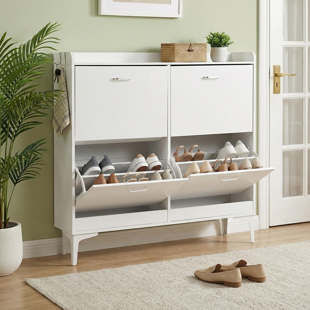 EGGREE Zapatero Estrecho con 4 Puertas Abatibles y Estantes Regulables, Mueble de Almacenamiento Blanco para Entrada, Salón, Dormitorio,105x24x102 cm