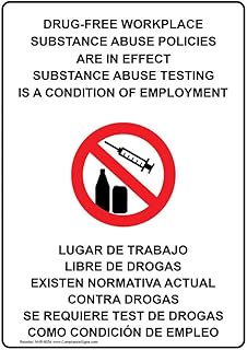 ComplianceSigns.com Drug-Free Workplace English + Spanish Sign, 10x7 in. Plastic for Alcohol/Drugs/Weapons