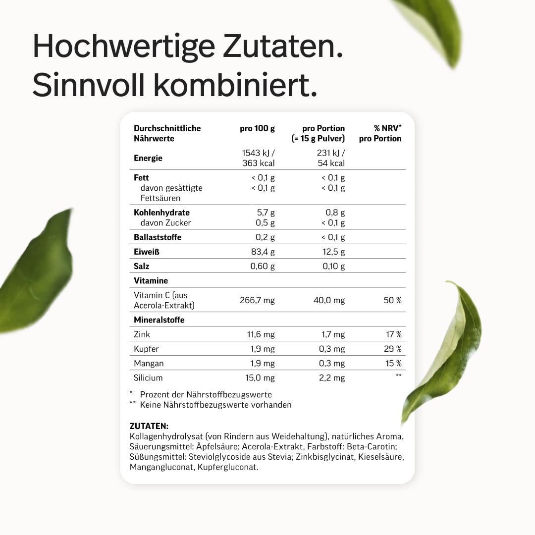 edubily Hidrolizado de colágeno, polvo de colágeno como suplemento proteico de alta calidad en la vida cotidiana, de pastos, vitamina C, zinc, cobre, manganeso y sílice - 1 porción diaria (750 g
