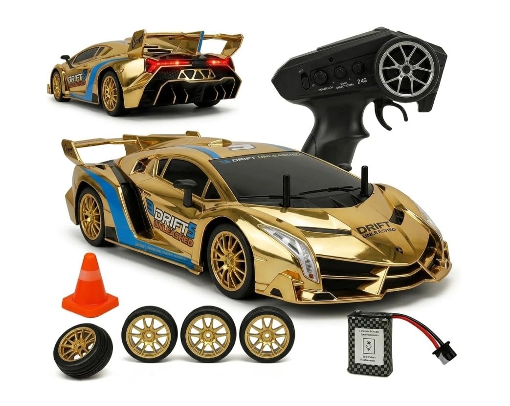 FLYTEK RC Drift Car for Kids, 4X4 High Speed Remote Control Car with Extra Tyres, Gold, Multicolour-picture-32