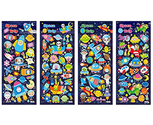 4 Sheets Cute Lovely Puffy DIY Decorative Adhesive Sticker Tape/Kids Craft Scrapbooking Sticker Set for Diary, Album (Space)